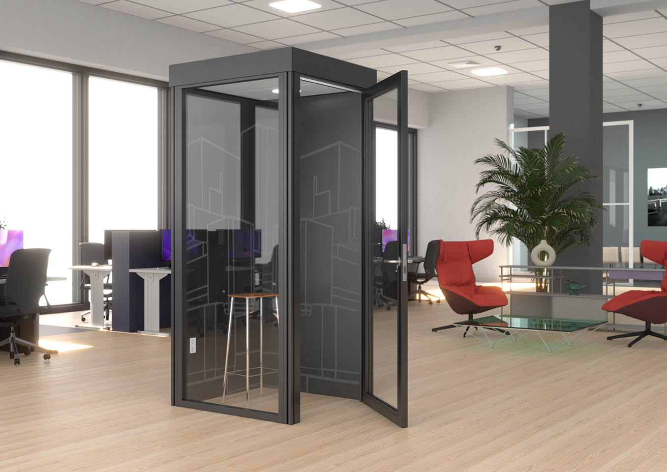 Qube Ellis telefooncel belcel silentroom Qube Ellis 1 persoons belcel uitgevoerd in zwar voorzien van akoestische viltpanelen