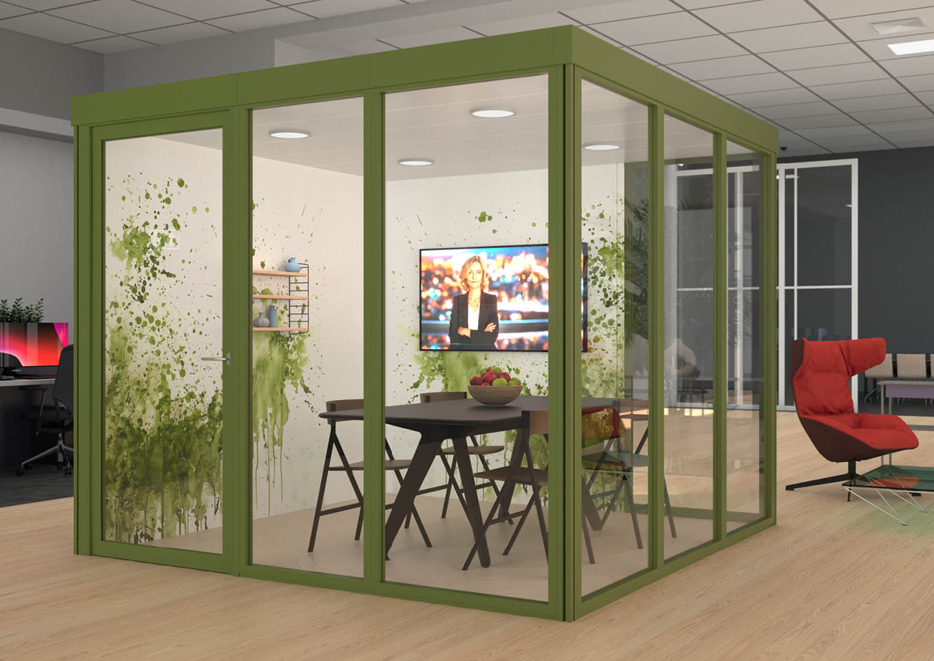 Qube Pip vergaderruimte2 Qube pip vergaderunit uitgevoerd in groen voorzien van raamfolie